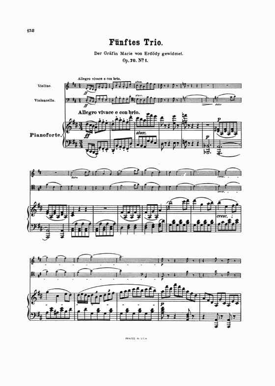 Beethoven Trio No. 5 in D Major Opus 70, No. 1 for Piano , Violin and Cello