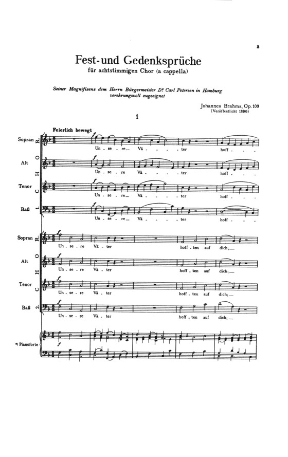 Brahms Fest-und Gedenksprüche for Eight Voice Chorus, a Capella with Greman Text Choral Score