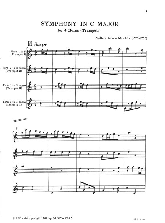 J. M. Molter Symphony in C Major for Four Horns(Trumpets)