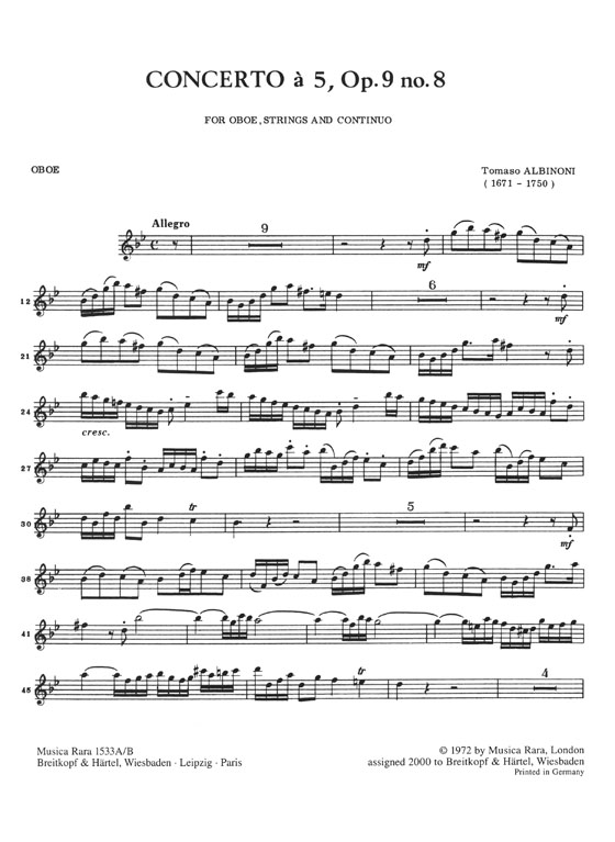 Tomaso Albinoni  Concerto a Cinque for Oboe, Strings and Basso Continuo in G minor Op. 9 No. 8 Edition for Oboe and Piano