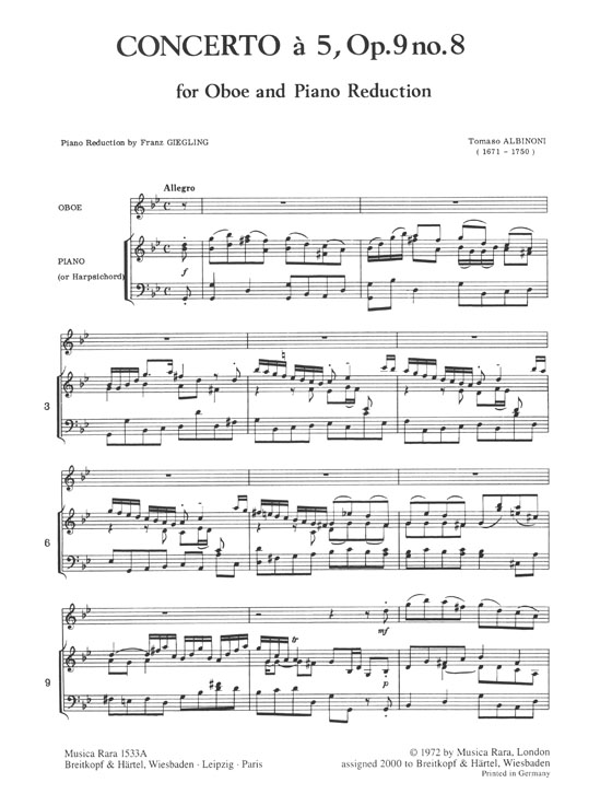 Tomaso Albinoni  Concerto a Cinque for Oboe, Strings and Basso Continuo in G minor Op. 9 No. 8 Edition for Oboe and Piano