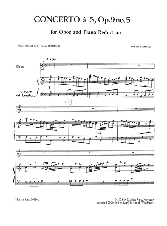 Tomaso Albinoni  Concerto a Cinque for Oboe, Strings and Basso Continuo in C major Op. 9 No. 5 Edition for Oboe and Piano