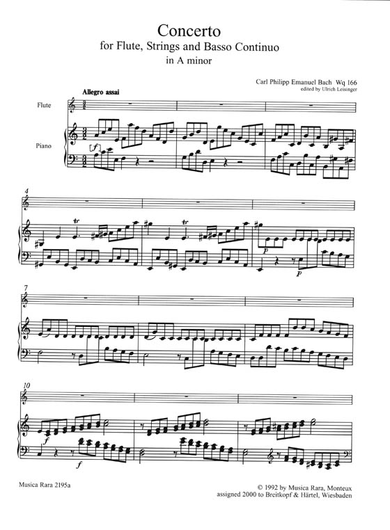 Carl Philipp Emanuel Bach Concerto for Flute, Strings and Basso Continuo in A minor Wq166 Edition for Flute and Piano