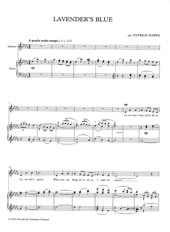 Patrick Hawes: Lavender's Blue (2011) for Solo Soprano, flute, Oboe, Harp and Strings Vocal Score