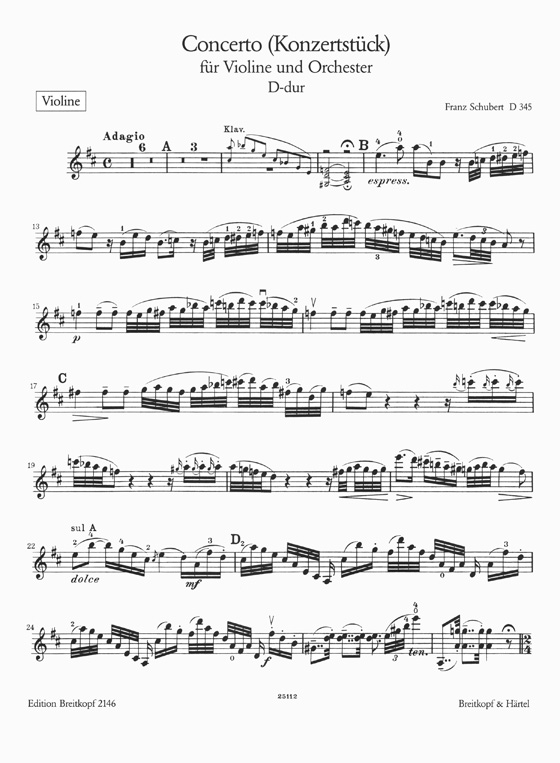 Schubert Concerto (Konzertstück) für Violine und Orchester D-dur D 345 Ausgabe für Violine und Klavier
