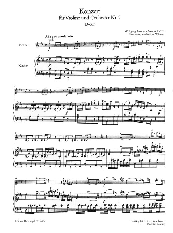 Mozart Konzert für Violine und Orchester Nr. 2 D-dur, KV 211 Ausgabe für Violine und Klavier