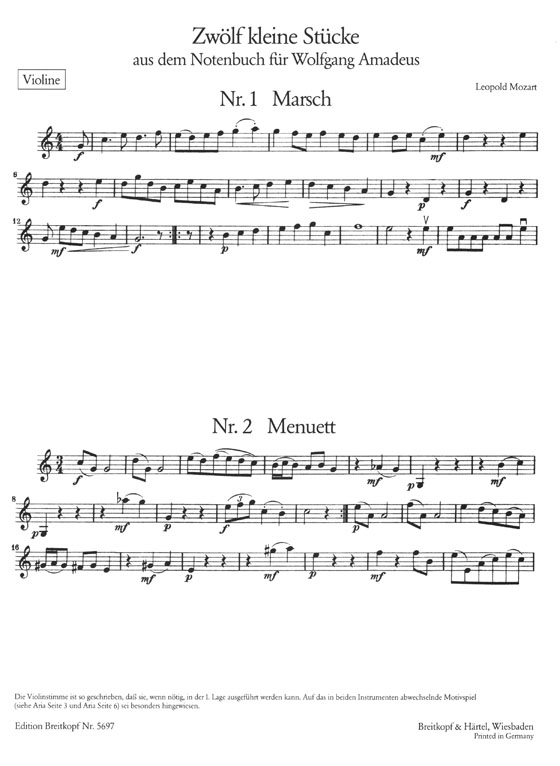 Leopold Mozart Zwölf kleine Stücke aus dem Notenbuch für Wolfgang Amadeus