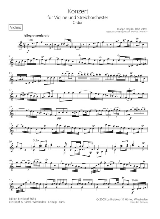 Haydn Konzert für Violine Und Streichorchester C-dur Hob Ⅶa: 1  Ausgabe für Violine und Klavier