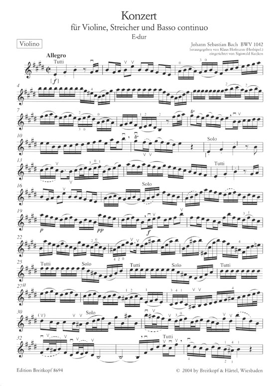 Bach Konzert für Violine, Streicher und Basso Continuo E-dur BWV 1042 Edition for Violin and Keyboard (Violoncello ad lib.)