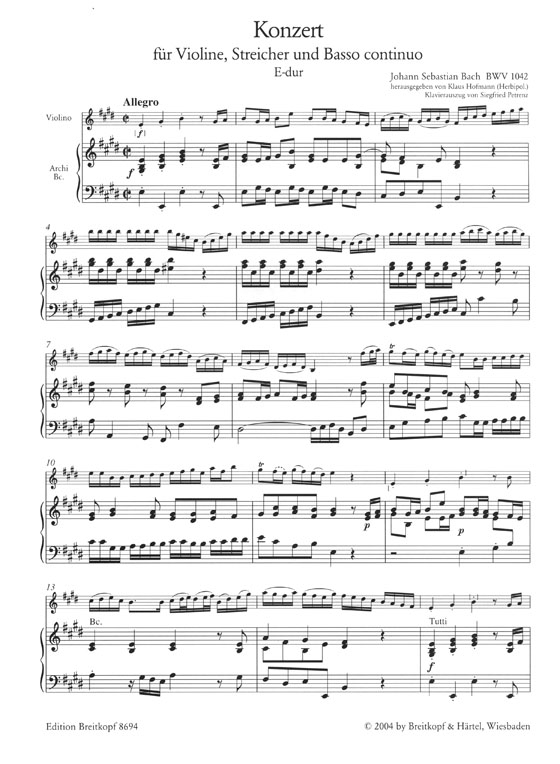 Bach Konzert für Violine, Streicher und Basso Continuo E-dur BWV 1042 Edition for Violin and Keyboard (Violoncello ad lib.)