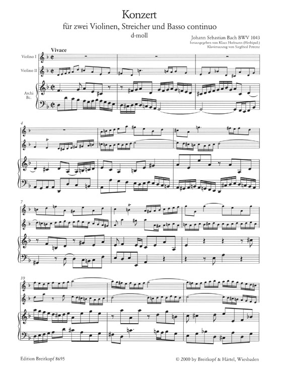 Bach Konzert für Zwei Violine, Streicher und Basso Continuo d-moll BWV 1043 Klavierauszug (Ausgabe für zwei Violinen und Tasteninstrument mit Violoncello ad libitum)