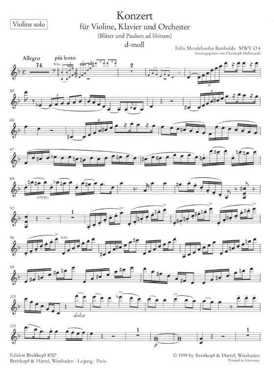 Mendelssohn Konzert für Violine, Klavier und Orchester d-moll MWV O4 Ausgabe für Soloinstrumente und Klavier