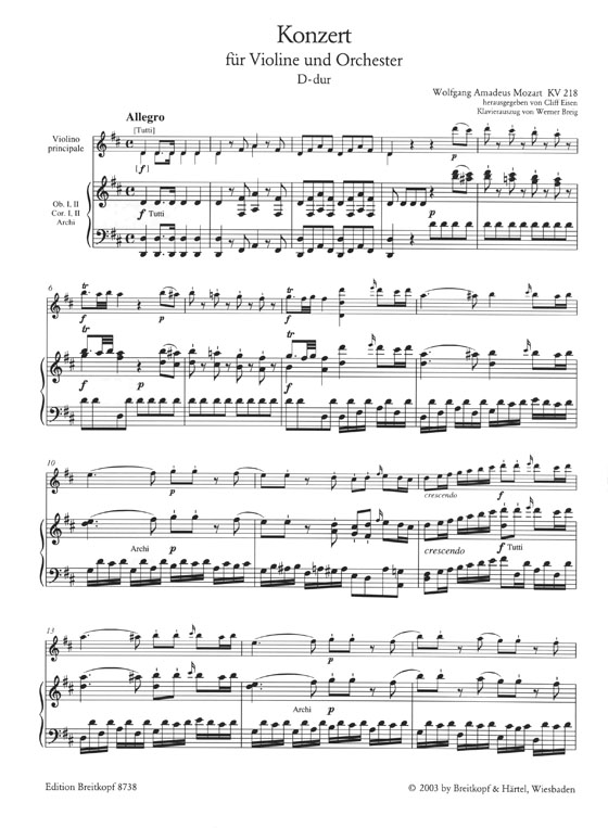Mozart Konzert für Violine und Orchester D-dur, KV 218 Ausgabe für Violine und Klavier
