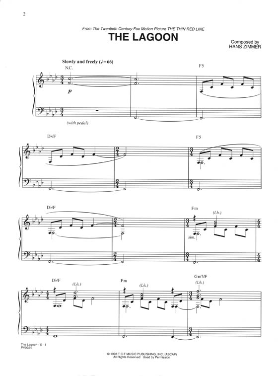 The Lagoon from The Thin Red Line Original Sheet Music Edition for Piano