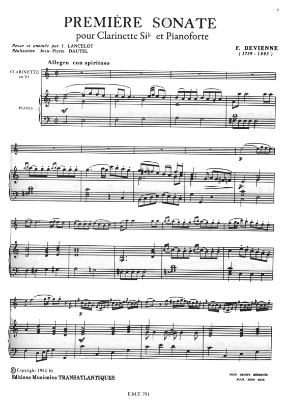 François Devienne Première Sonate pour Clarinette si b et Piano-forte Collection Jacques Lancelot