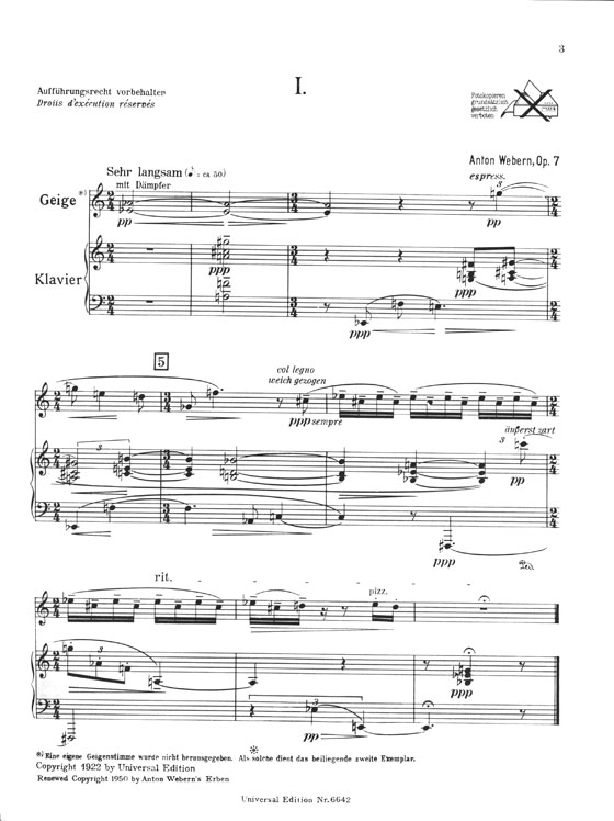 Anton Webern Vier Stück für Geige, und Klavier Op. 7
