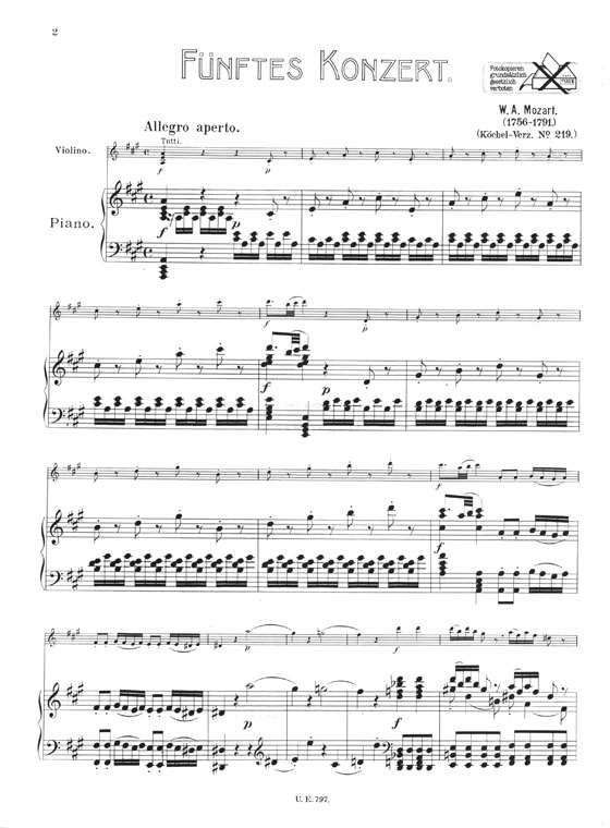 Mozart Violin Concerto A Major K 219 for Violino e Pianoforte