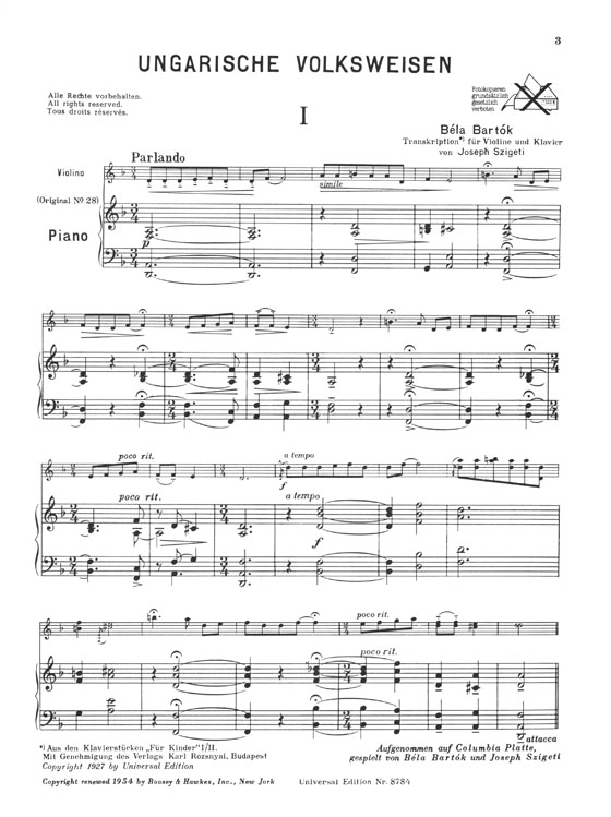 Béla Bartók Hungarian Folk Tunes for Violin and Piano