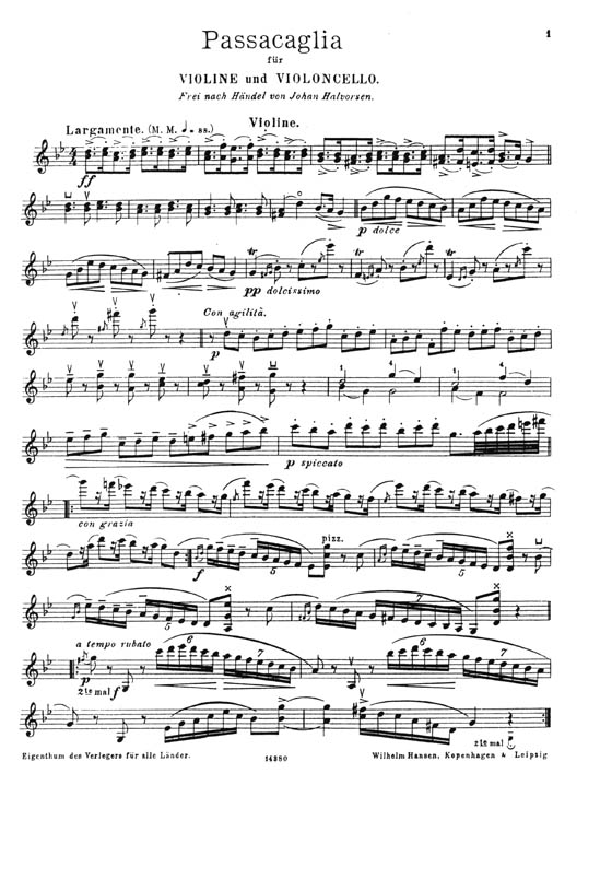 Johan Halvorsen: Passacaglia für Violine und Bratsche(Frei nach Händel) Ausgabe für Violine und Violoncello
