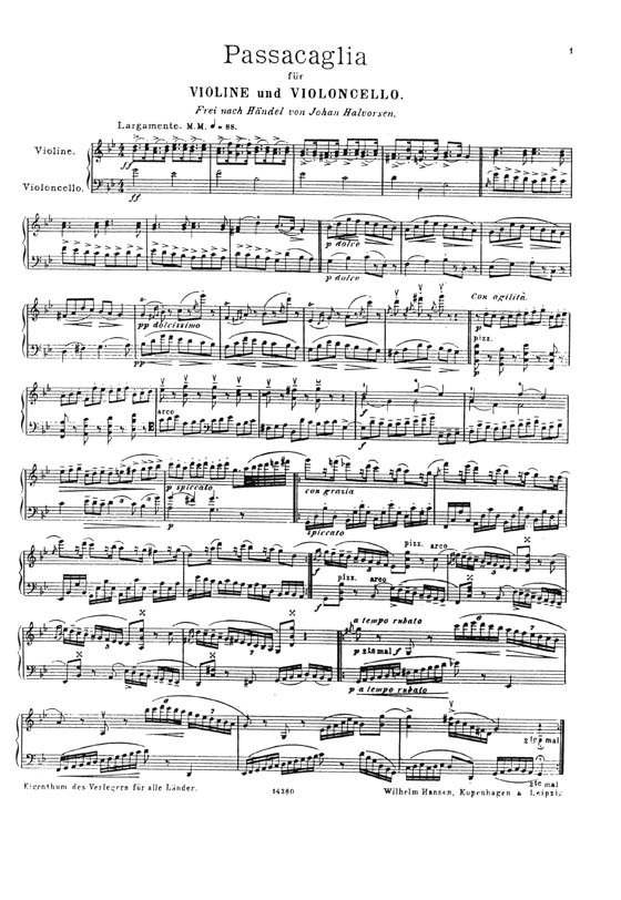 Johan Halvorsen: Passacaglia für Violine und Bratsche(Frei nach Händel) Ausgabe für Violine und Violoncello